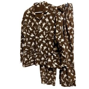 Nick & Nora Pajama Set XL Brown Western Cowboy Rodeo Print Cotton  Sleepwear